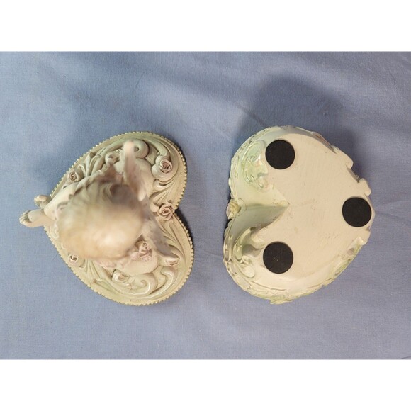 Cherub Trinket Heart Box Bisque Angel w/ Roses Jewelry Valentine Carved Case - Picture 8 of 12